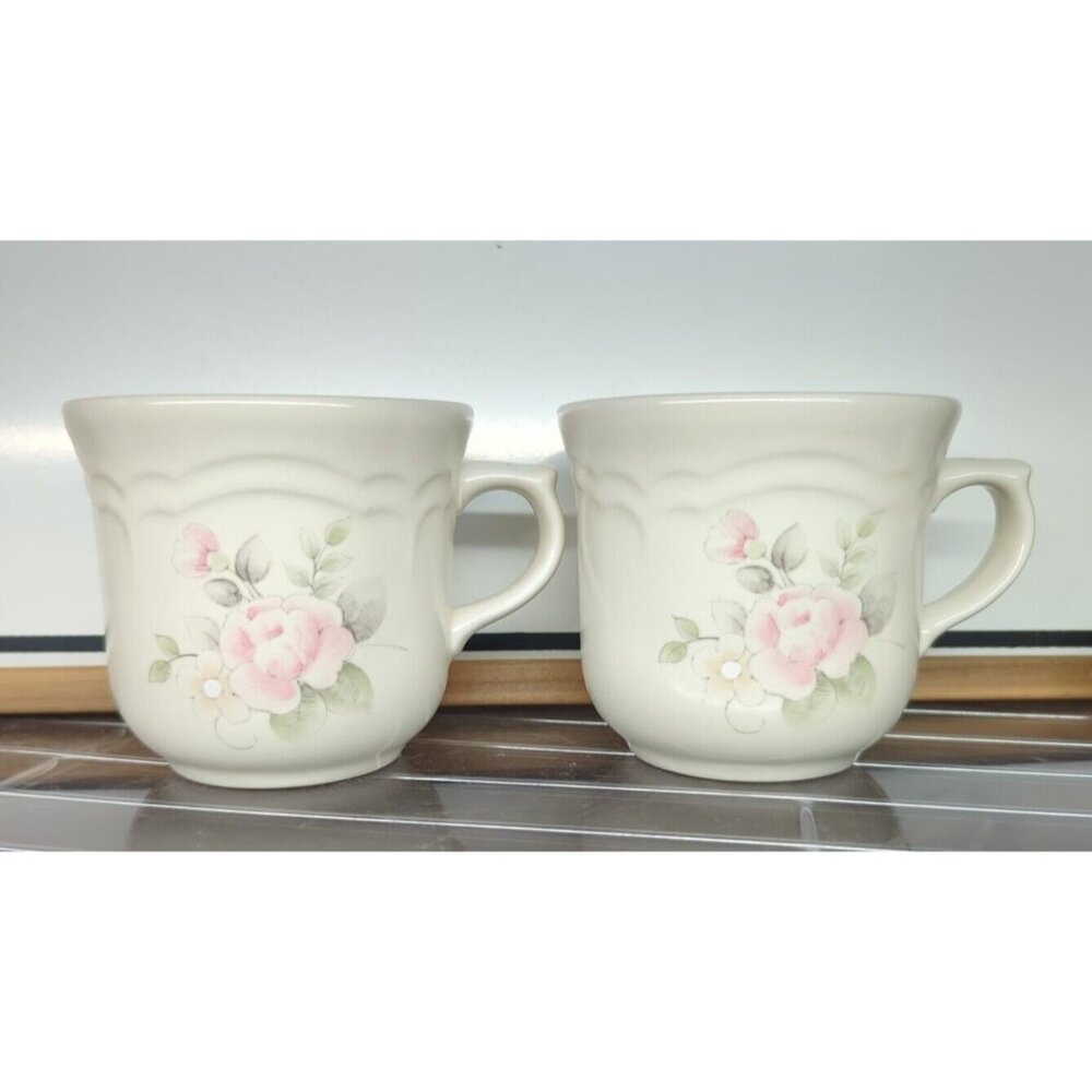 2 Pfaltzgraff Tea Rose Flat Coffee Mugs Tea Cups Made In USA cottage pink flower